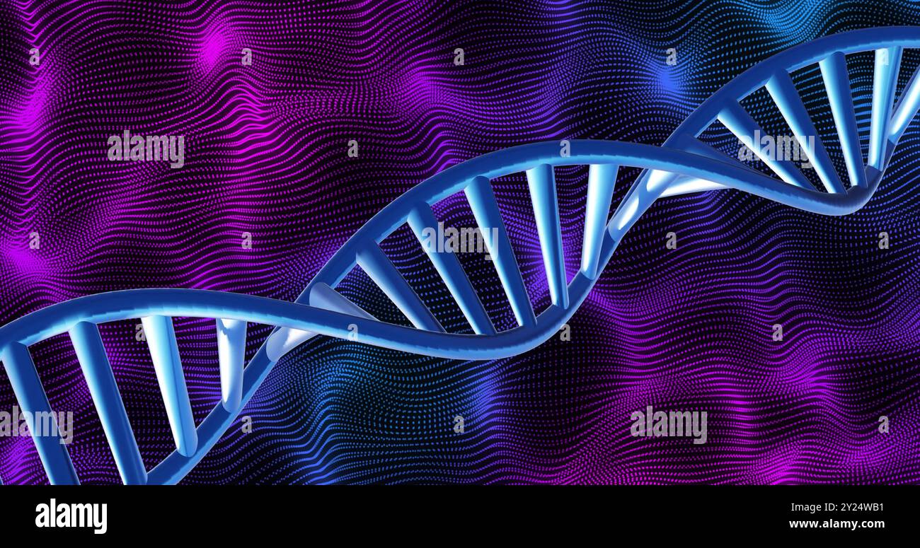 DNA-Strang über lebendigem, wellila und blauem Bildhintergrund Stockfoto