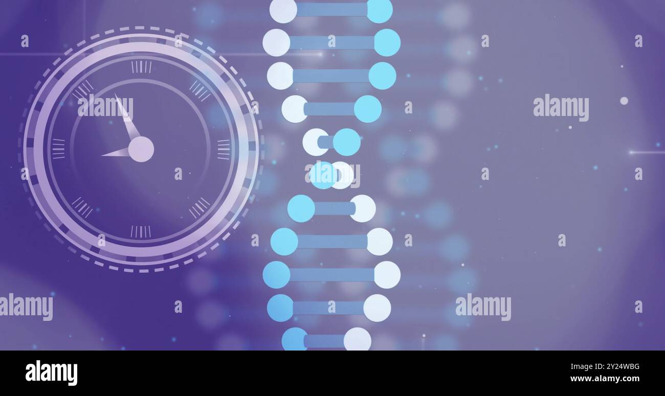 Uhr- und DNA-Strangbild über verschwommenem Hintergrund Stockfoto