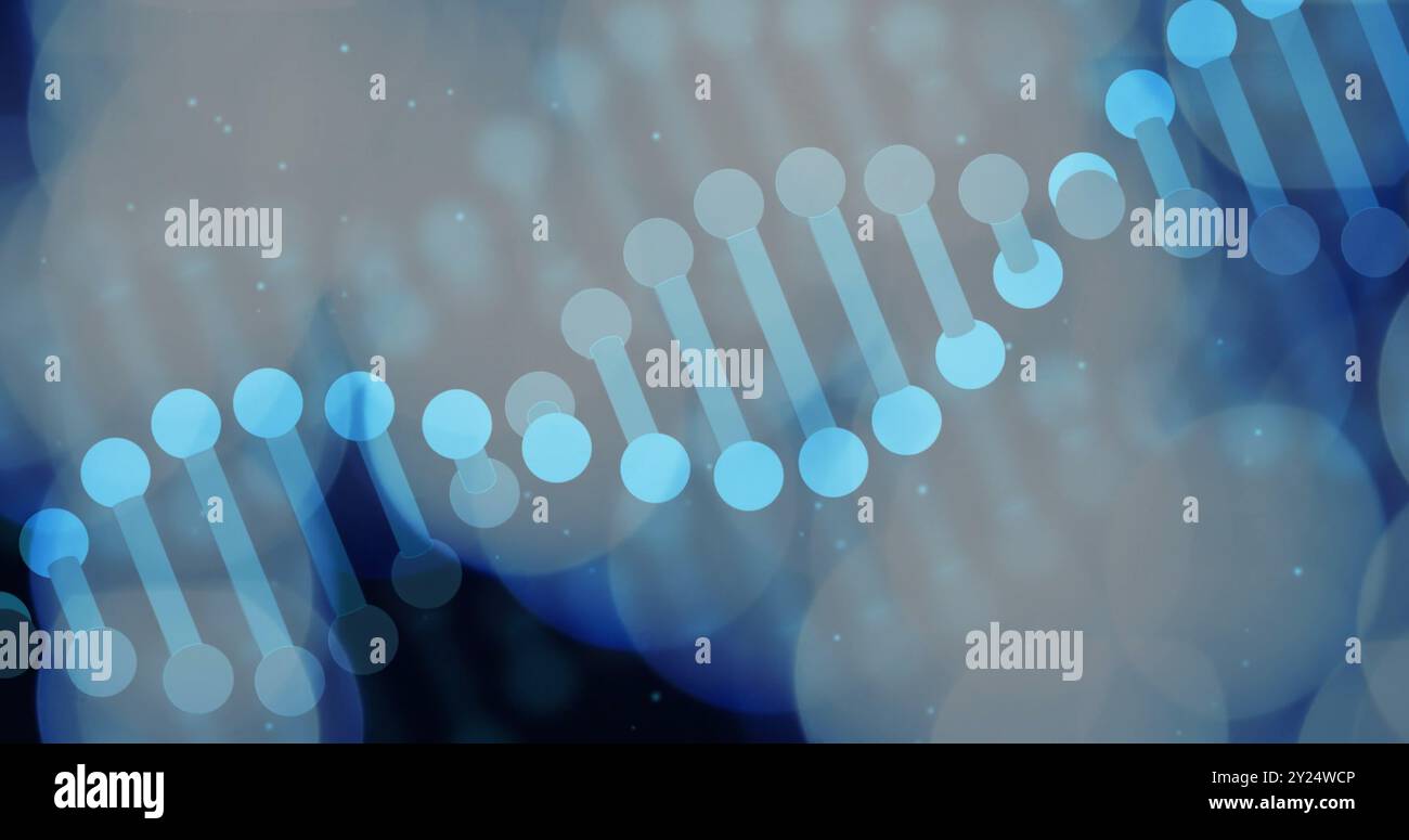 DNA-Strangbild über verschwommenem blauem und weißem Bokeh-Hintergrund Stockfoto