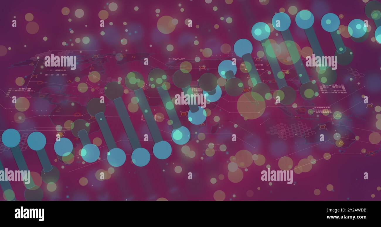 DNA-Strang und Datenverarbeitung über bunten Bokeh-Hintergrund Stockfoto
