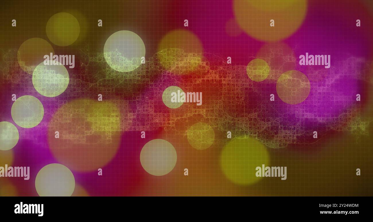 Farbenfrohe abstrakte Formen und Lichtkreise über digitalem DNA-Strangbild Stockfoto