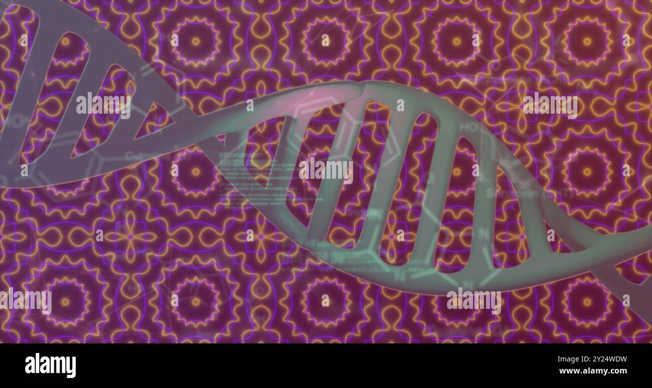 DNA-Strang und wissenschaftliche Datenverarbeitung über bunten geometrischen Mustern Stockfoto