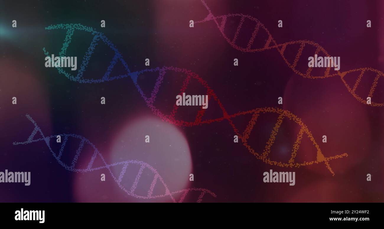 DNA-Stränge-Bild über farbenfrohen abstrakten Hintergrund Stockfoto