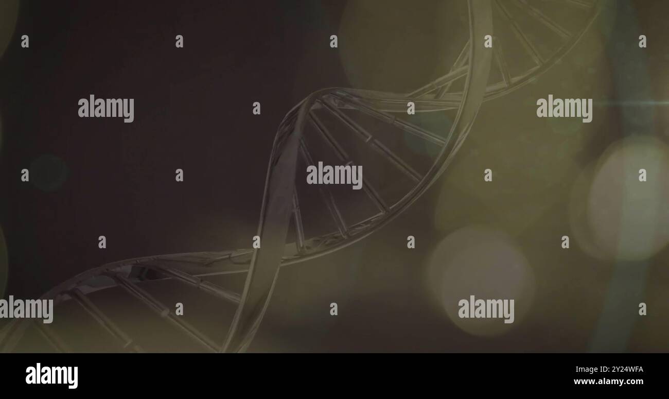 DNA-Strangbild über dunklem Hintergrund mit hellen Bokeh-Effekten Stockfoto