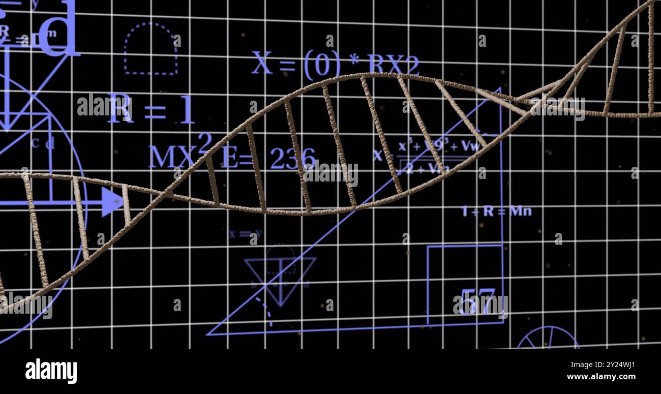 DNA-Strang über mathematischen Gleichungen und geometrischen Formen auf schwarzem Hintergrund Stockfoto