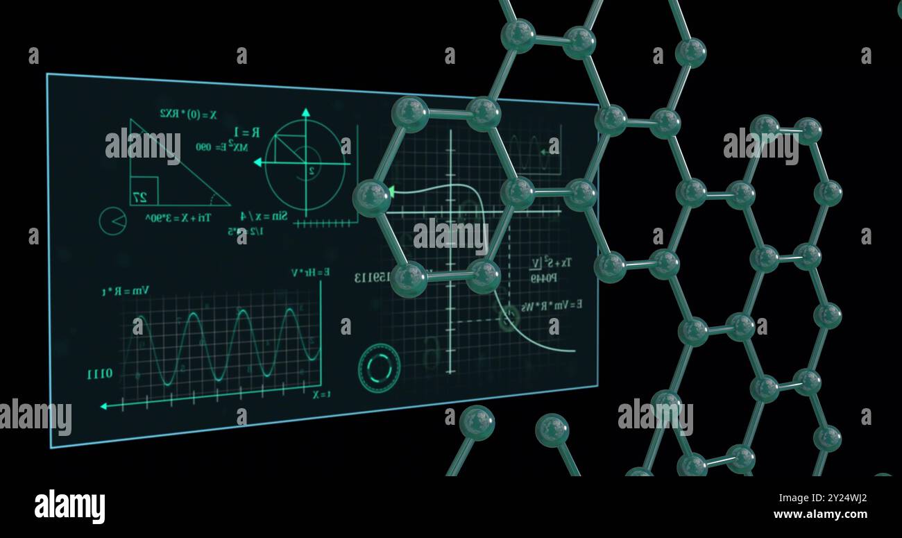 Wissenschaftliche Daten und geometrische Diagramme über Molekularstrukturbild Stockfoto