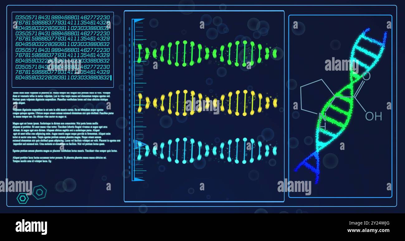 DNA-Sequenzen und Molekularstruktur über wissenschaftliche Daten und Kodierung Stockfoto