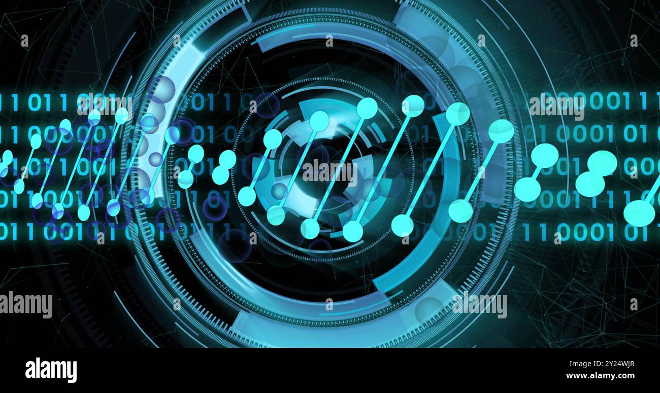 Binärcode und zirkuläre digitale Schnittstelle mit Datenpunkten, futuristisches Bild Stockfoto