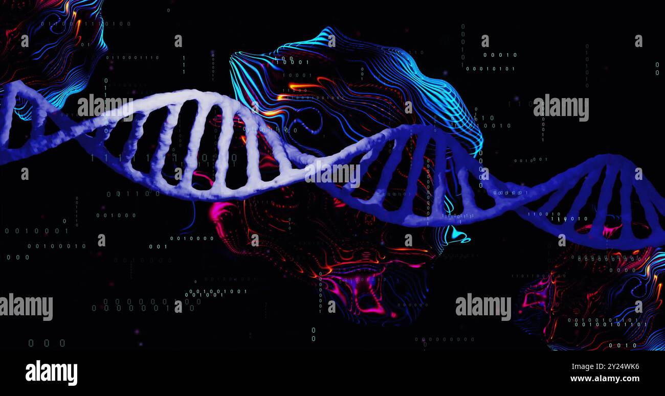 Bild von dna-Strang und Datenverarbeitung auf schwarzem Hintergrund Stockfoto
