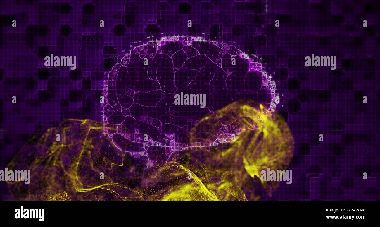 Bild eines digitalen Gehirns, das sich über gelben Flecken dreht Stockfoto