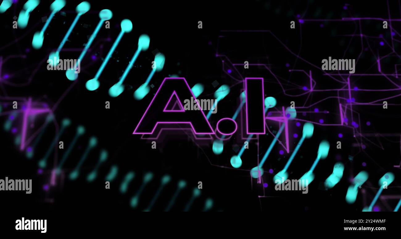 KI-Text über dna-Strang und digitales Schaltungsbild Stockfoto