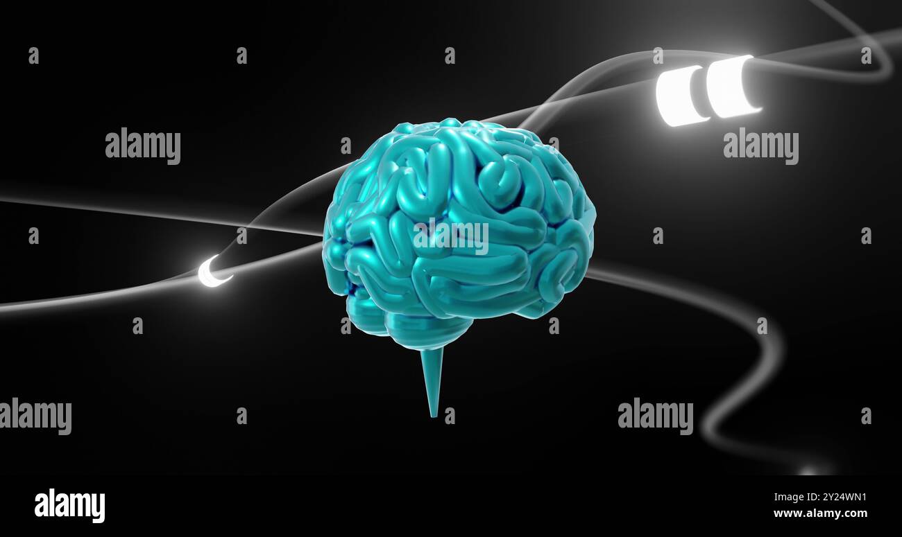 Bild des digitalen Gehirns, das sich über Verbindungen dreht Stockfoto