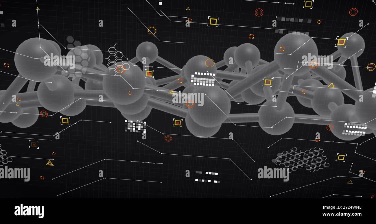 Bild des dna-Netzwerks von Verbindungen und Molekülen auf schwarzem Hintergrund Stockfoto