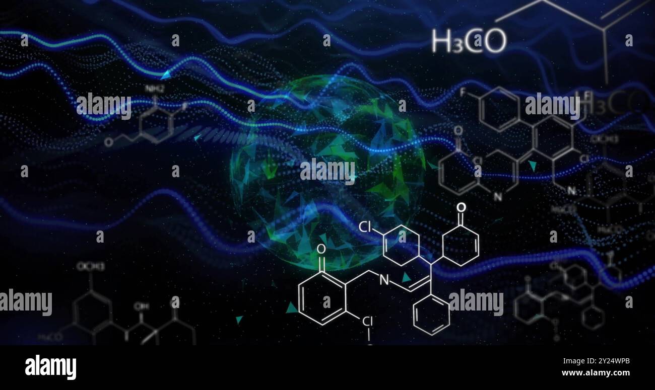 Chemische Formeln und molekulare Strukturen über abstrakten digitalen Globus und blauen Wellen Stockfoto
