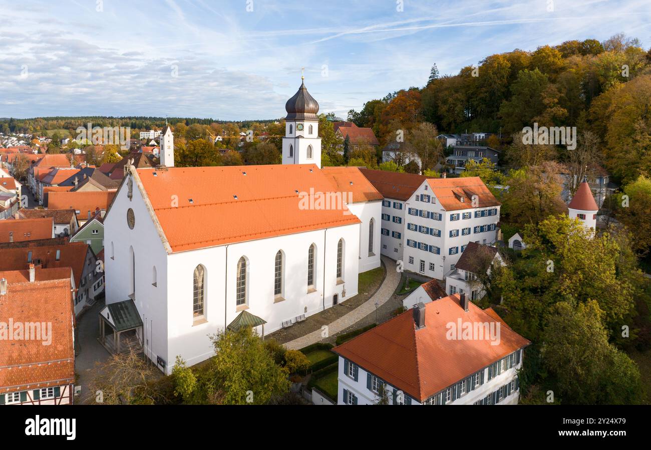 Leutkirch im Allgäu mit Kirche, Landschaft, Kühen, Weitsicht Stockfoto