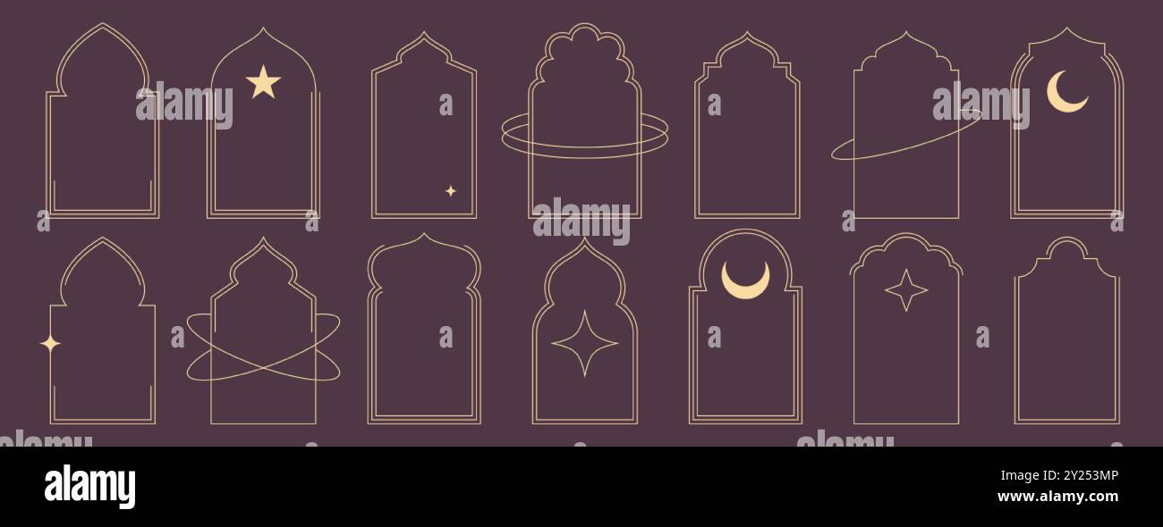 Satz islamischer Rahmenformen. Trendige Boho dünne arabische Bögen. Geometrisches minimalistisches, ästhetisches lineares Fenster, einfache Borte, arabische Moschebögen mit Sternen, Sichel. EID mubarak Türsilhouette Stock Vektor