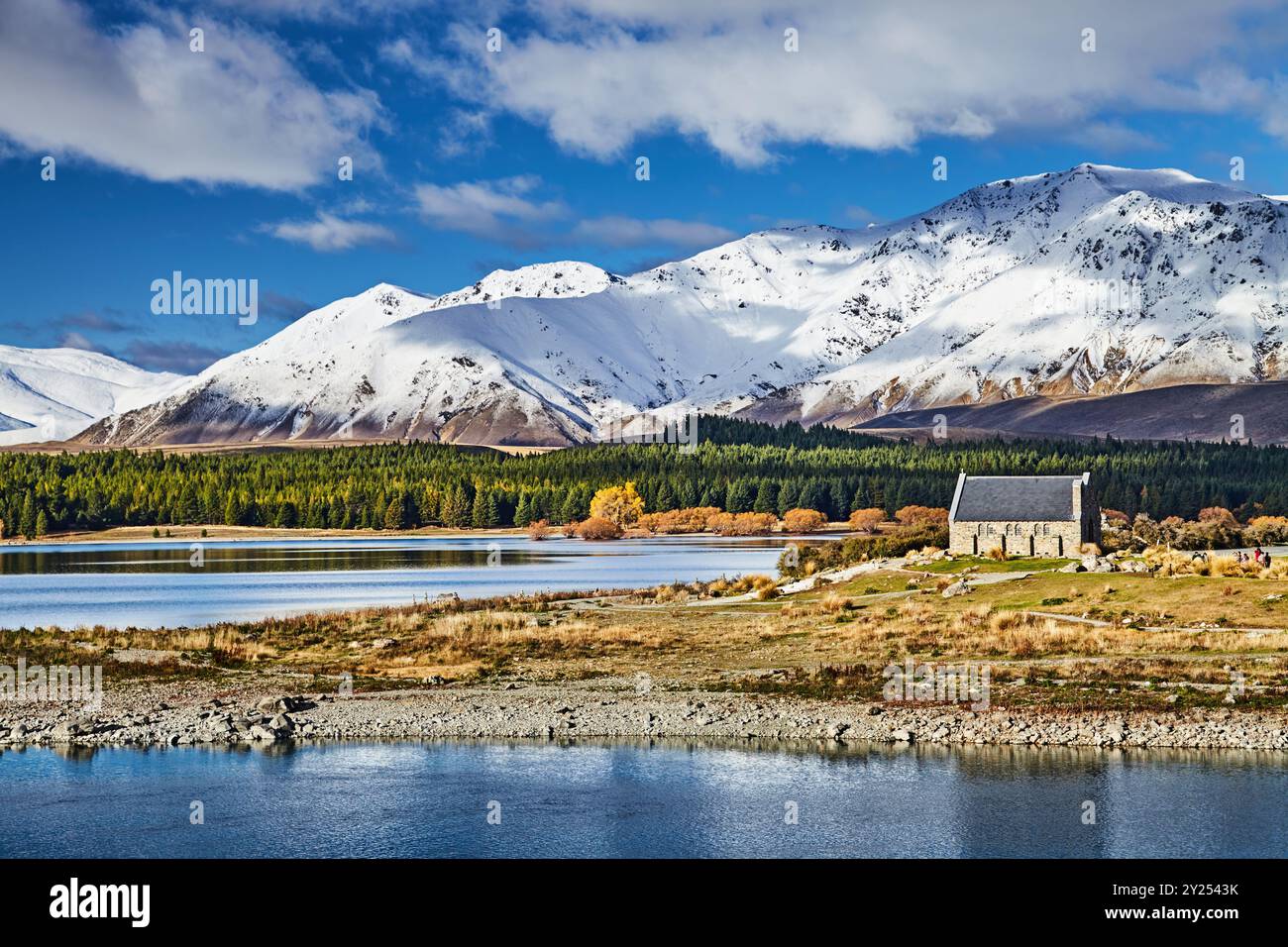 Lake Tekapo und Kirche der gute Hirte, New Zealand Stockfoto