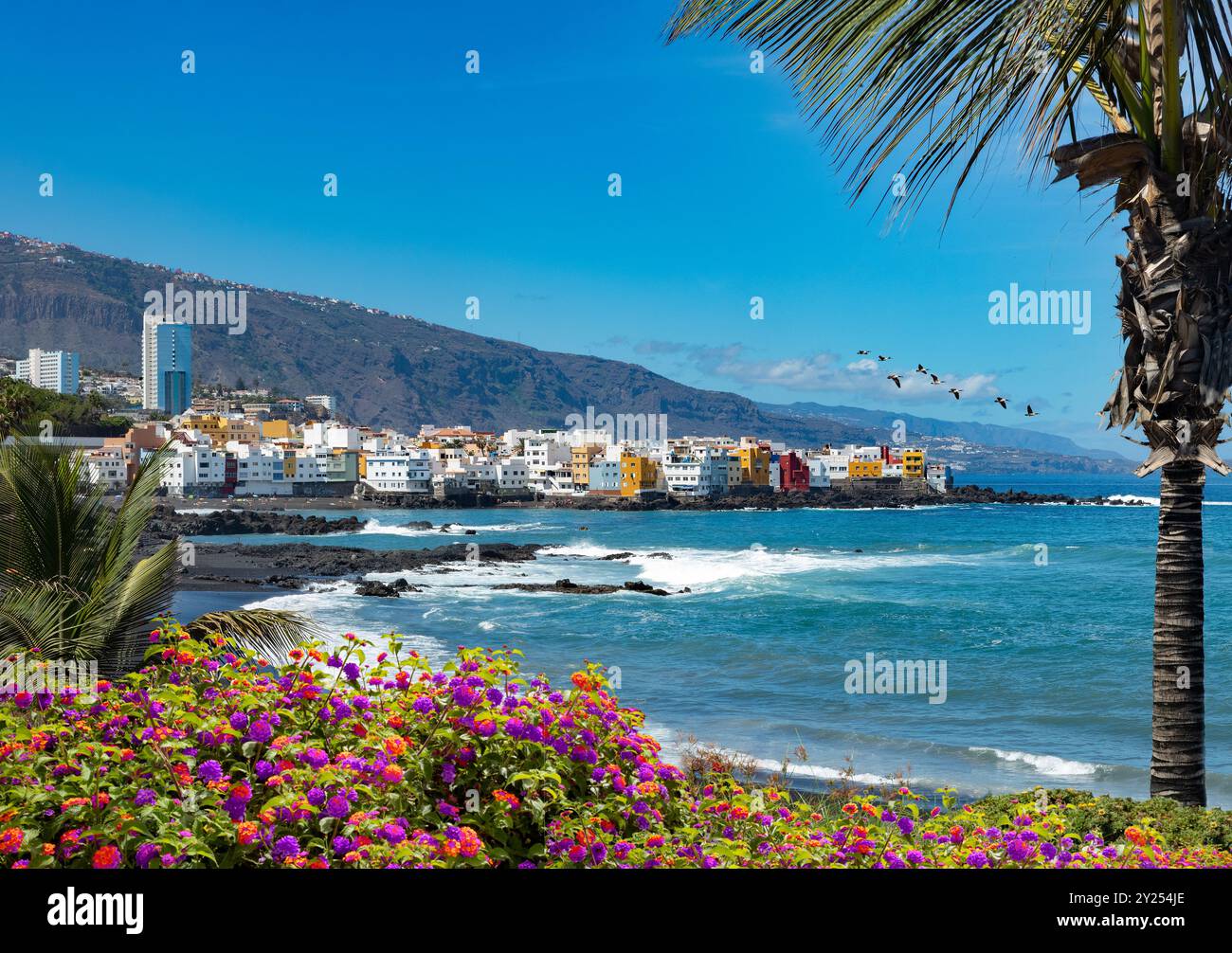 Sonnenuntergang Panorama Puerto de la cruz Dorfküste auf Teneriffa. Wahrzeichen und Tourismus auf den Kanarischen Inseln. Spanien Strände. Stockfoto