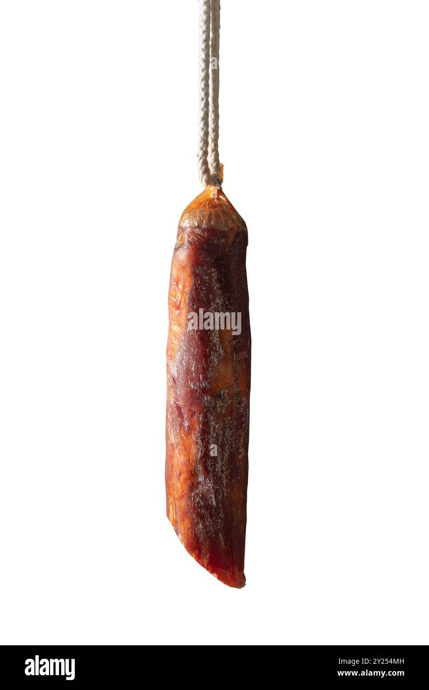 Metzgerprodukte. Iberische Wurstlende isoliert auf weißem Hintergrund. Stockfoto