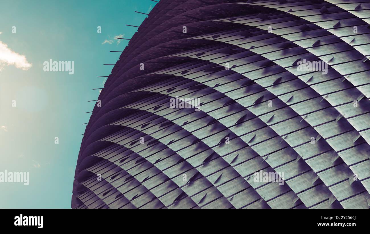 Copyspace und Details moderner Architektur mit Wellen und Zementkreisen. Projekt wird erstellt.abstrakte Architekturdetails. Stockfoto