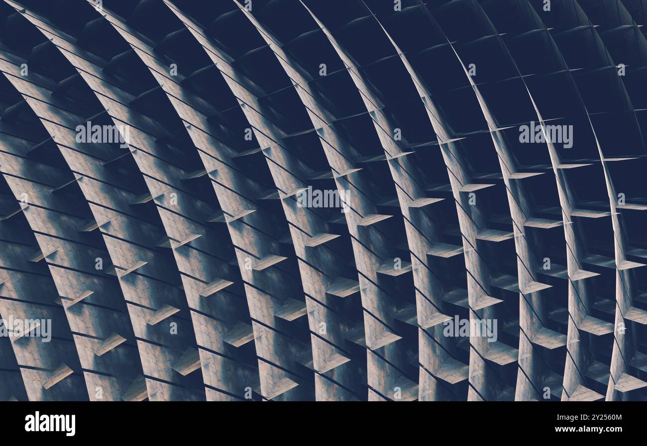 Copyspace und Details moderner Architektur mit Wellen und Zementkreisen. Projekt wird erstellt.abstrakte Architekturdetails. Stockfoto