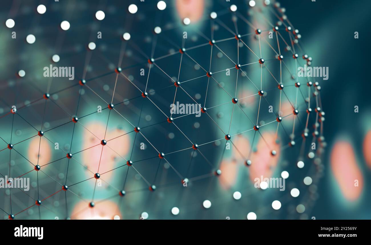 Blockkette und Technologie abstrakt background.Net und Kommunikationskonzept.Nahaufnahme der Struktur von Punkten und Linien.Hintergrund von Big Data. Stockfoto