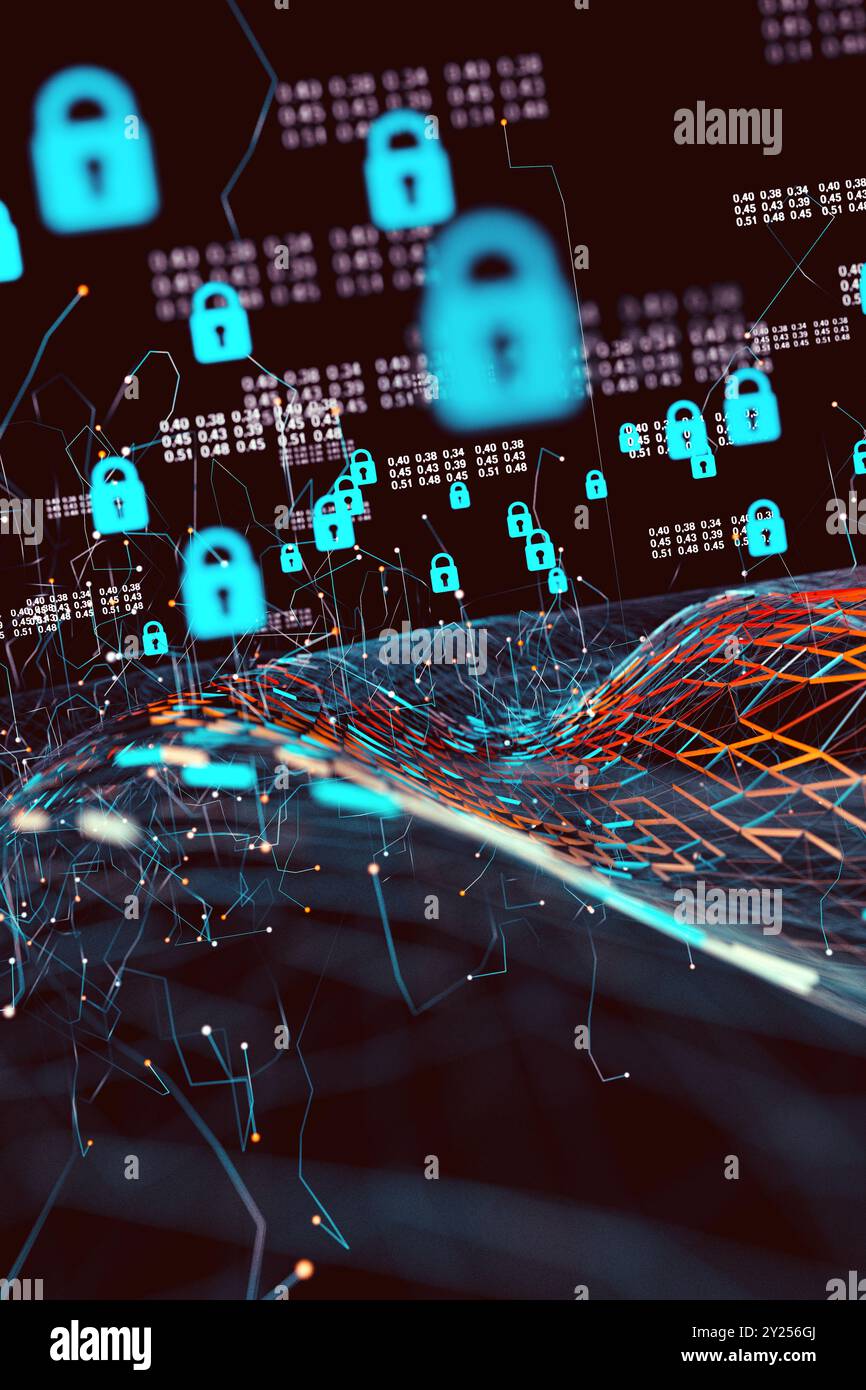 Datenvolumenanalyse und Informatik-Industrie. Datenstruktur und Informationstools für Netzwerkunternehmen und Cybersicherheit. Stockfoto