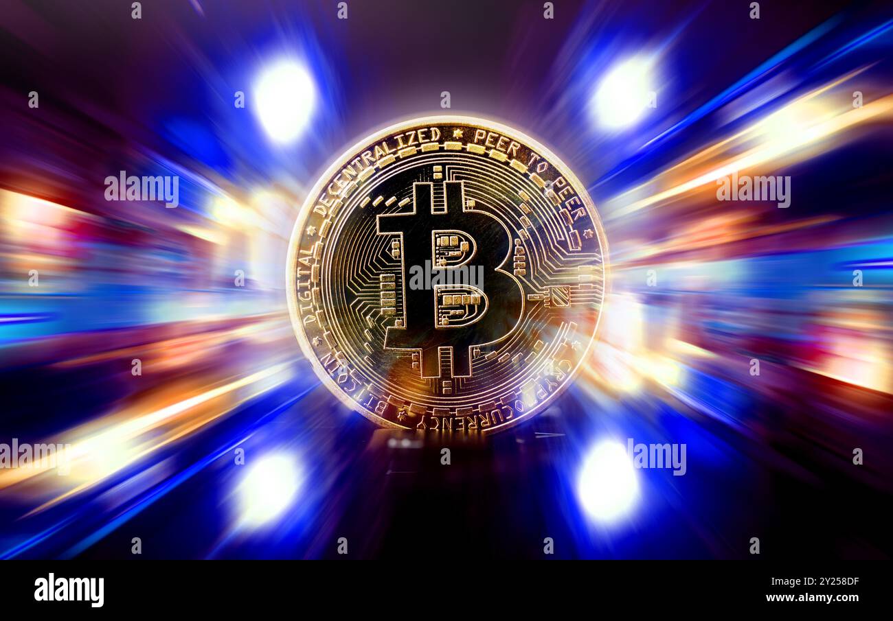 Blockchain und globales Währungskonzept. Sofortige Wirtschaftstransaktionen online. Stockfoto