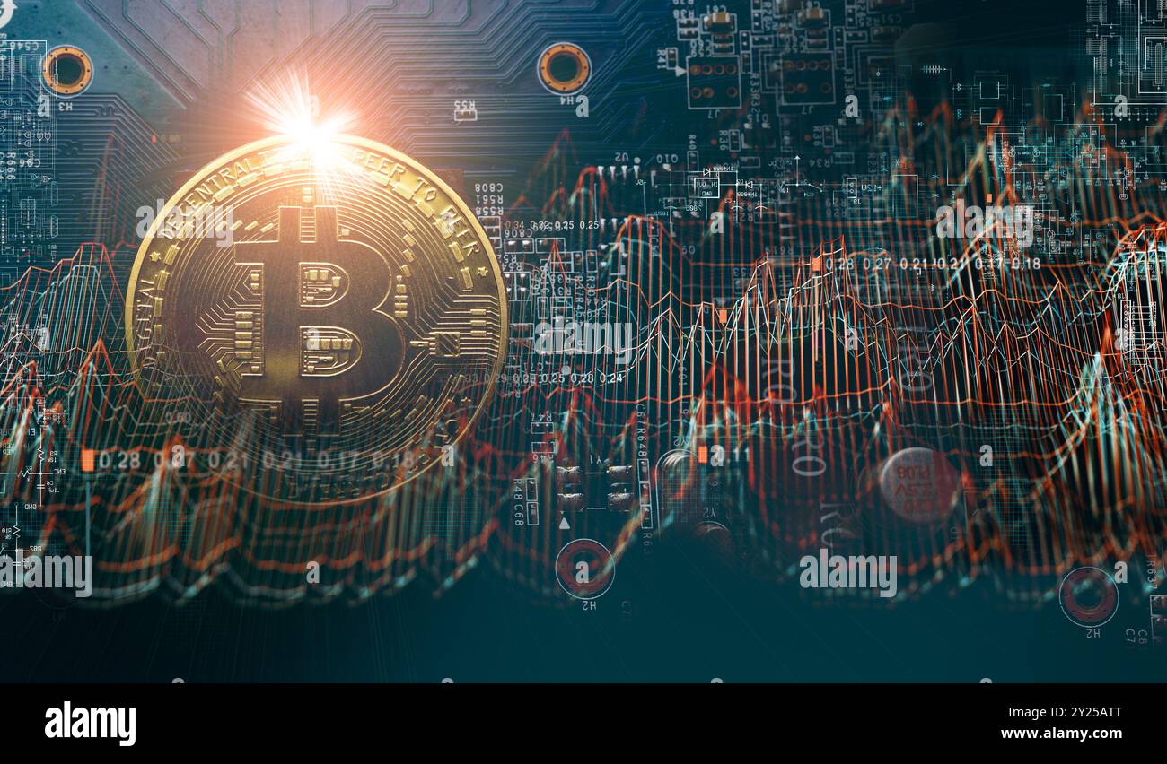 Bitcoin-Goldmünze auf futuristischem und abstraktem Aktienkarten-Hintergrund. Finanz- und Investitionskonzept.Kryptowährungen und Technologie. Stockfoto