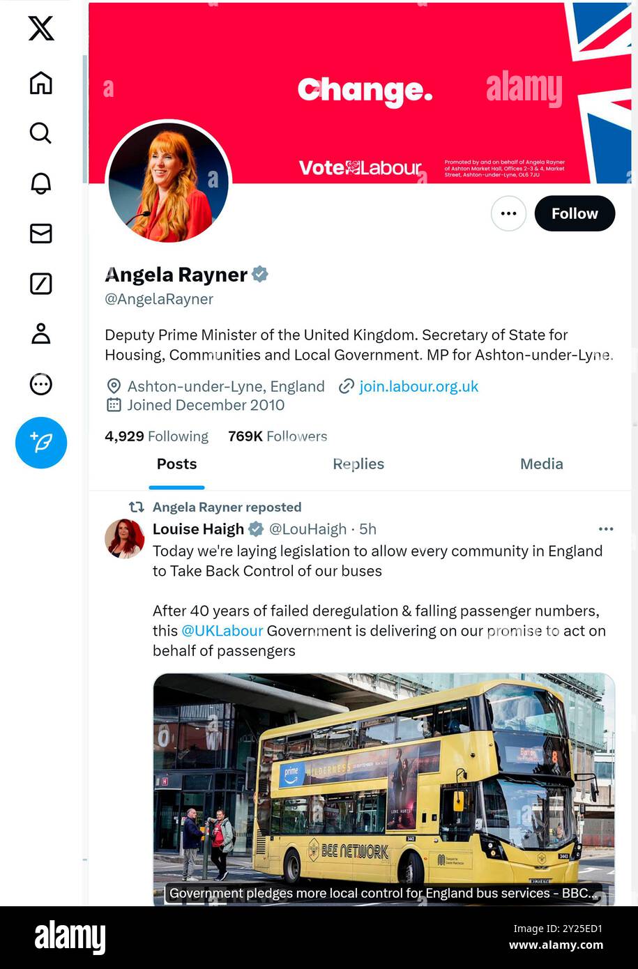 'X' - ehemals Twitter - Seite (September 2024) von Angela Rayner Abgeordnete, stellvertretende Premierministerin Stockfoto