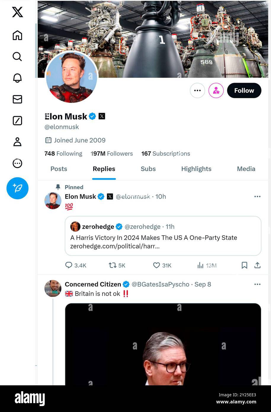 'X' - ehemals Twitter - Seite (September 2024) von Elon Musk, Eigentümer der Social-Media-Seite Stockfoto