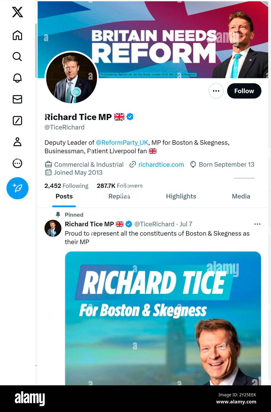 "X" - früher Twitter - Seite (September 2024) von Richard Tice Abgeordneter - deutlicher Führer der Reformpartei Stockfoto