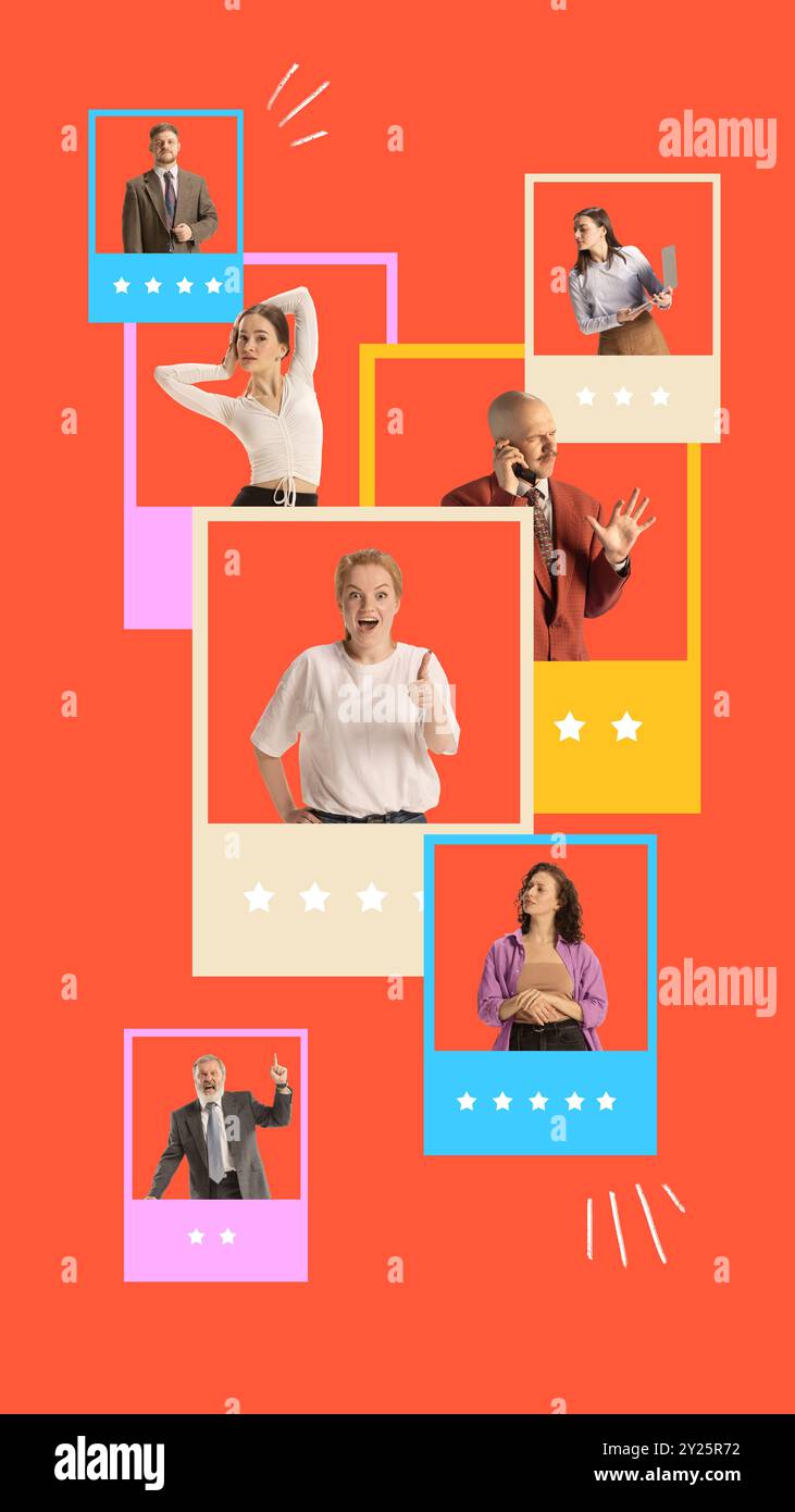 Zeitgenössische Kunstcollage. Einzigartige Kandidaten zeichnen sich durch individuelle Profile aus und erfassen so das wesentliche der effektiven Rekrutierung am Arbeitsplatz. Stockfoto