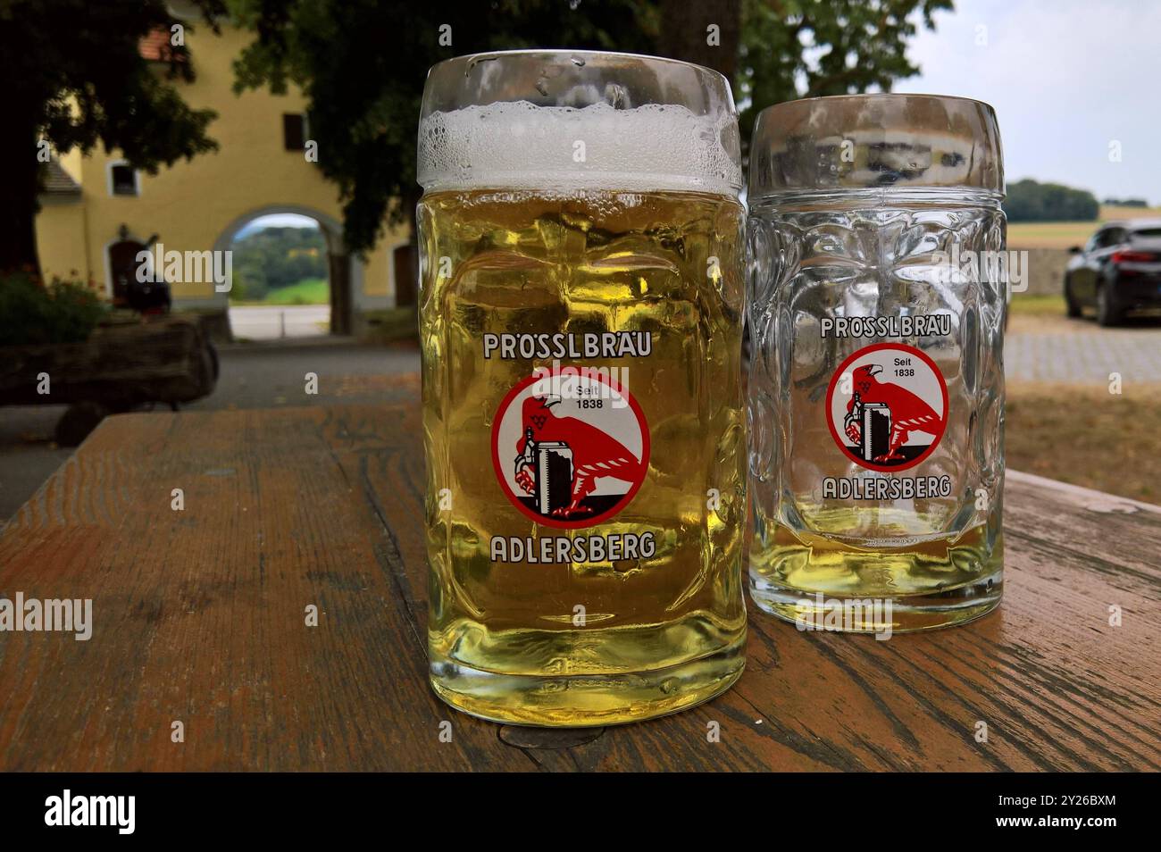 Prösslbräu Bier - Brauerei, Radler Halbe im Glaskrug im Biergarten in Adlersberg bei Pettendorf im Landkreis Regensburg *** Prösslbräu Bierbrauerei, Radler Halbe in einem Glasbecher im Biergarten in Adlersberg bei Pettendorf im Landkreis Regensburg Stockfoto