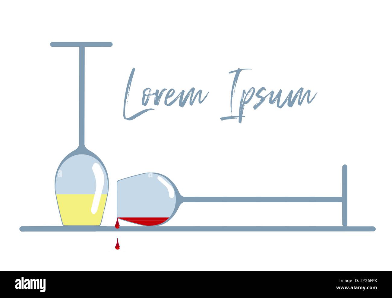 Weingläser werden mit einem verschütteten und einem umgedreht in einem 3D-Illustrationsrahmen mit großem Textbereich und Kopierraum auf einem weißen Hintergrund gesehen Stockfoto