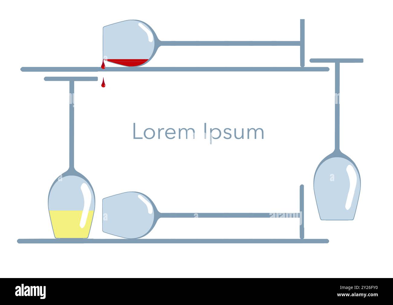 Weingläser werden mit einem verschütteten und einem umgedreht in einem 3D-Illustrationsrahmen mit großem Textbereich und Kopierraum auf einem weißen Hintergrund gesehen Stockfoto