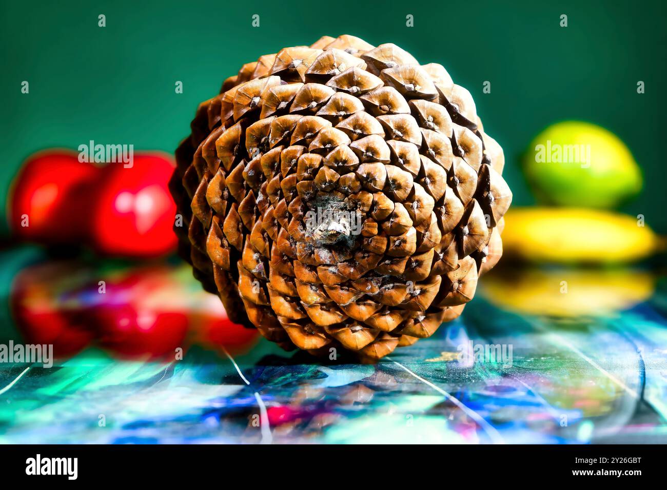 Rückansicht des Kiefernkegels zur Darstellung der Fibonacci-Sequenz in der Natur, mit echten Schatten und farbenfrohen Früchten Hintergrund. Stockfoto