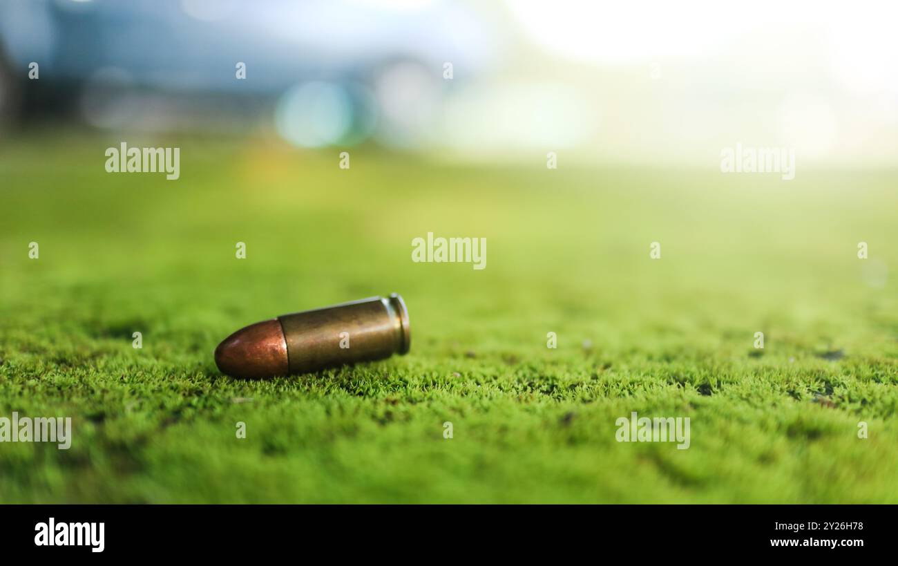 Verschwendete Kugeln liegen auf dem grünen Boden mit unscharfem Hintergrund. Konzepte der Strafverfolgung und des Schießsports Stockfoto