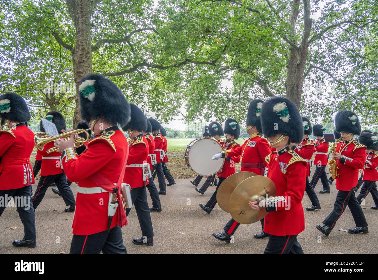 Hyde Park, London, Großbritannien. September 2024. Die britische Armee feiert den zweiten Jahrestag der Thronbesteigung seiner Majestät des Königs mit traditionellen Gußsaluten und Musik. Die Königstruppe Royal Horse Artillery feuerte den Königlichen Salut in der Hauptstadt am 9. September 2024 um 12 Uhr. 71 Pferde, die sechs 13-Pfünder-Feldgewehre aus der Zeit des Ersten Weltkriegs über das Gras des Hyde Park schleppen, positionieren Sie die Geschütze. Die Musik wird von der Band der Welsh Guards bereitgestellt. Quelle: Malcolm Park/Alamy Live News Stockfoto