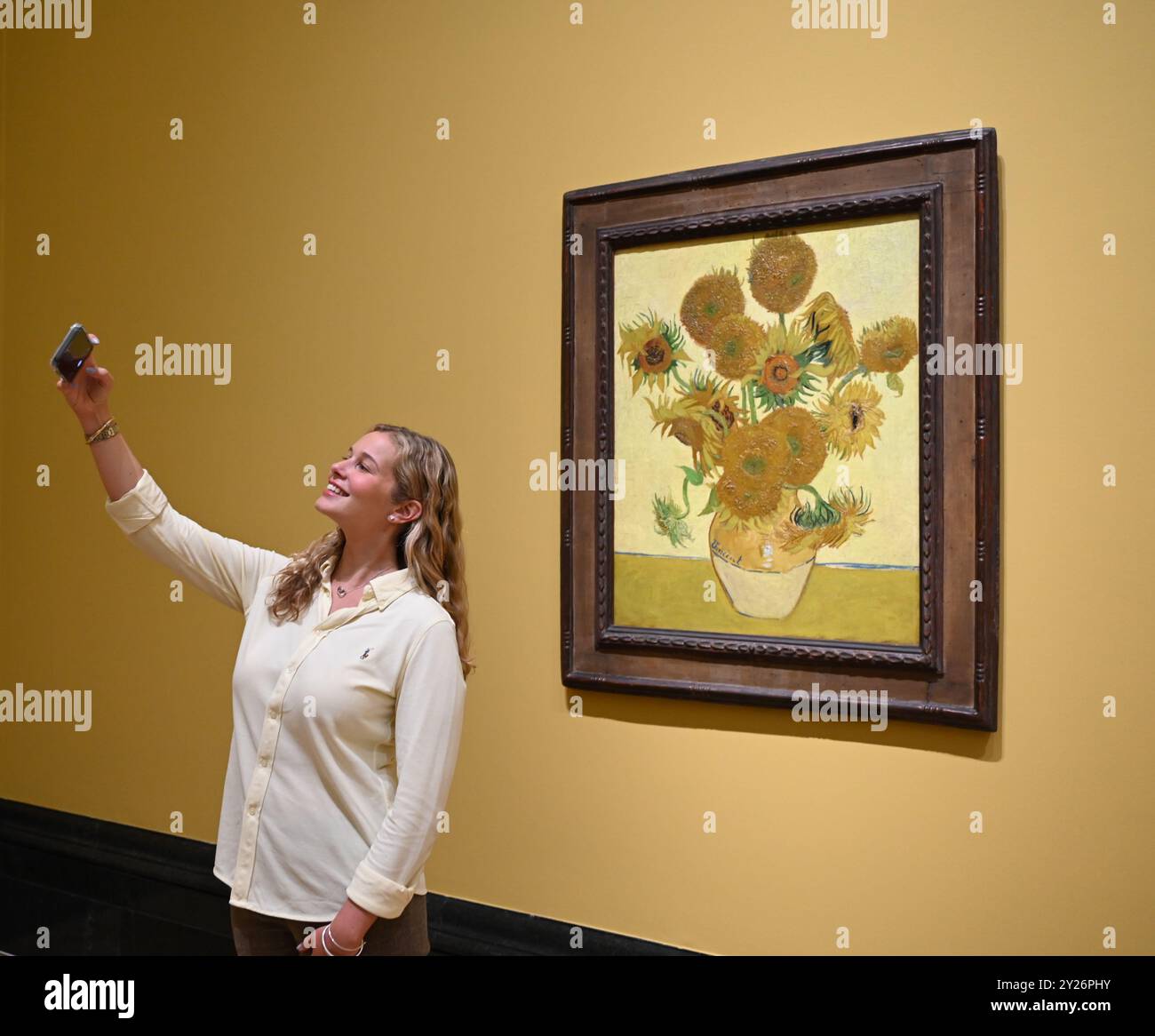 DIE PHILADELPHIA SONNENBLUMEN WURDEN URSPRÜNGLICH BEI VAN GOGHS FREUNDEN MR. UND MRS. GINOUX IN ARLES HINTERLASSEN UND VON GEKAUFT HERR CARROL TYSON AUS CHETNUT HILL PHILADELPHIA 1935, BEVOR ER 1963 VOM PHILADELPHIA MUSEUM OF ART ERWORBEN WURDE . DIE LONDONER SONNENBLUMEN WURDEN IM MAI 1889 AN VAN GOGHS BRUDER THEO GESCHICKT UND BLIEBEN BIS ZUM DIE NATIONAL GALLERY KAUFTE DAS BILD 1924. DIE BEIDEN BILDER WURDEN SEIT ANFANG 1889 IM STUDIO DES KÜNSTLERS NIE ZUSAMMEN AUSGESTELLT . DIE BEIDEN SONNENBLUMEN WERDEN NEBEN LA BERCEUSE (1888) SEIN SYMBOLISCHES PORTRÄT EINER FRAU MIT CRADE-SCHNUR GEZEIGT Stockfoto