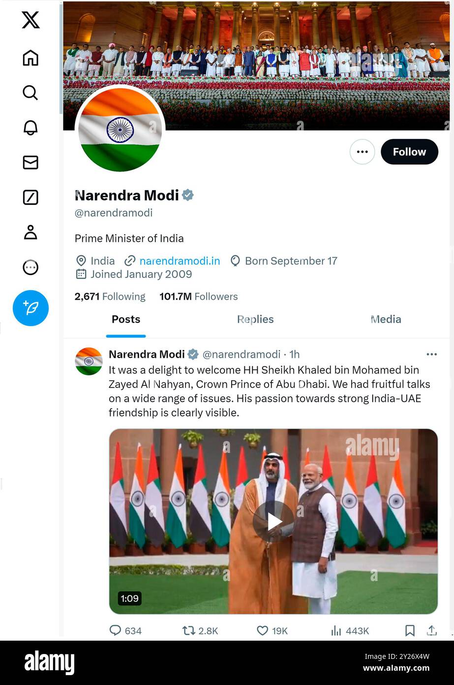 'X' - ehemals Twitter - Seite (September 2024) von Narendra Modi, Premierminister von Indien Stockfoto