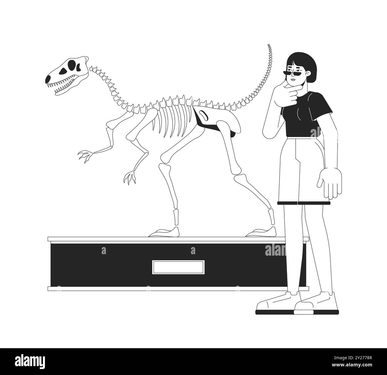 Asiatische Frau, die Velociraptor Fossil betrachtet, zeigt eine schwarz-weiße 2D-Zeichentrickfigur Stock Vektor