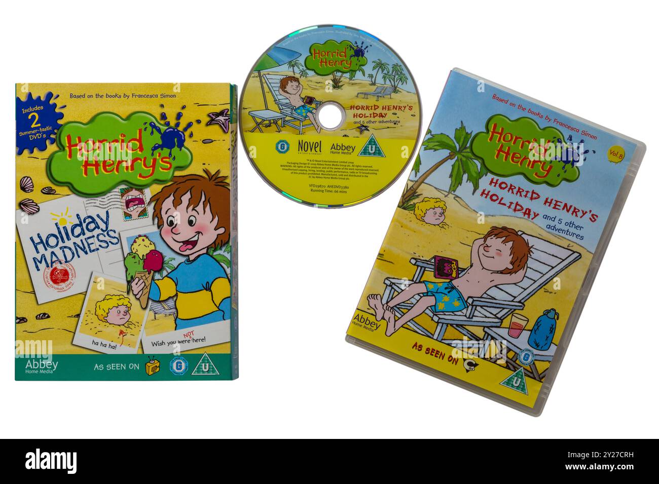 Horrid Henry's Holiday Madness Doppel DVD Pack DVDs isoliert auf weißem Hintergrund basierend auf den Büchern von Francesca Simon Stockfoto