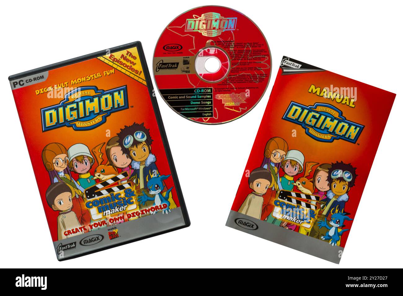 Digital Digimon Monsters PC CD ROMmit CD und Handbuch aus dem Gehäuse entfernt isoliert auf weißem Hintergrund Digi-kultes Monster Spaß Comic & Music Maker Stockfoto