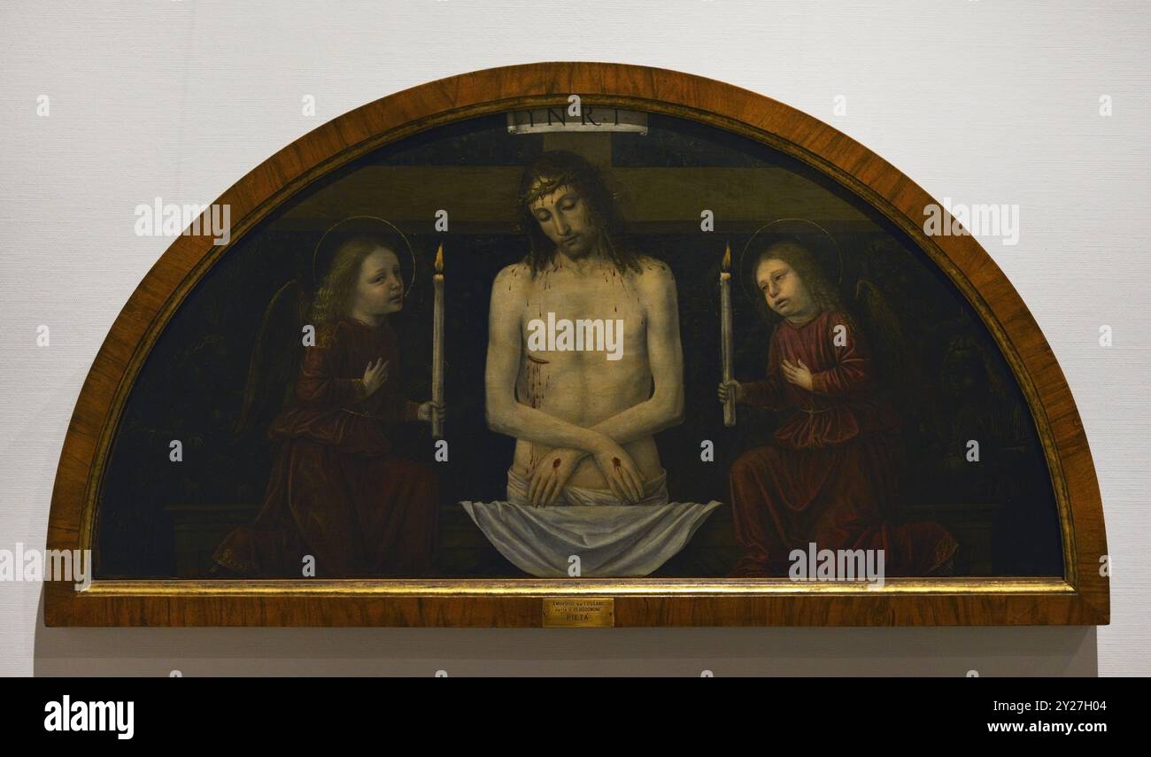 Ambrogio da Fossano, genannt Bergognone (1453-1523). Italienischer Renaissance-Maler. Pietà Christi zwischen zwei Engeln, 1488-1490. Tempera auf Holzplatte auf Leinwand übertragen. Pinacoteca Castello Sforzesco, Mailand, Italien. Stockfoto