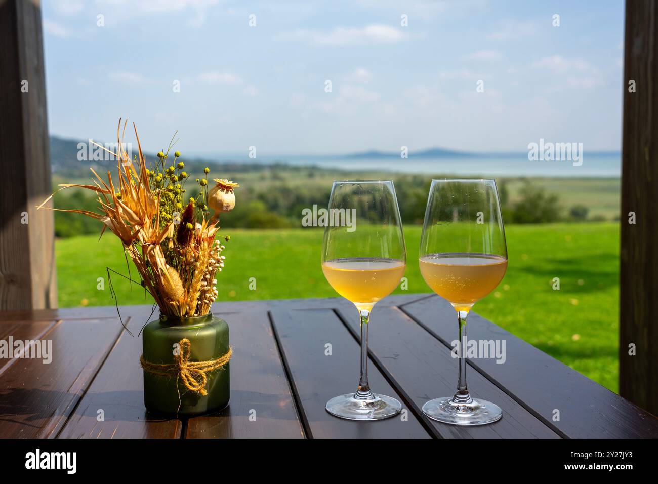 Weingläser auf dem Tisch mit wunderschönem Balaton Hintergrund Stockfoto