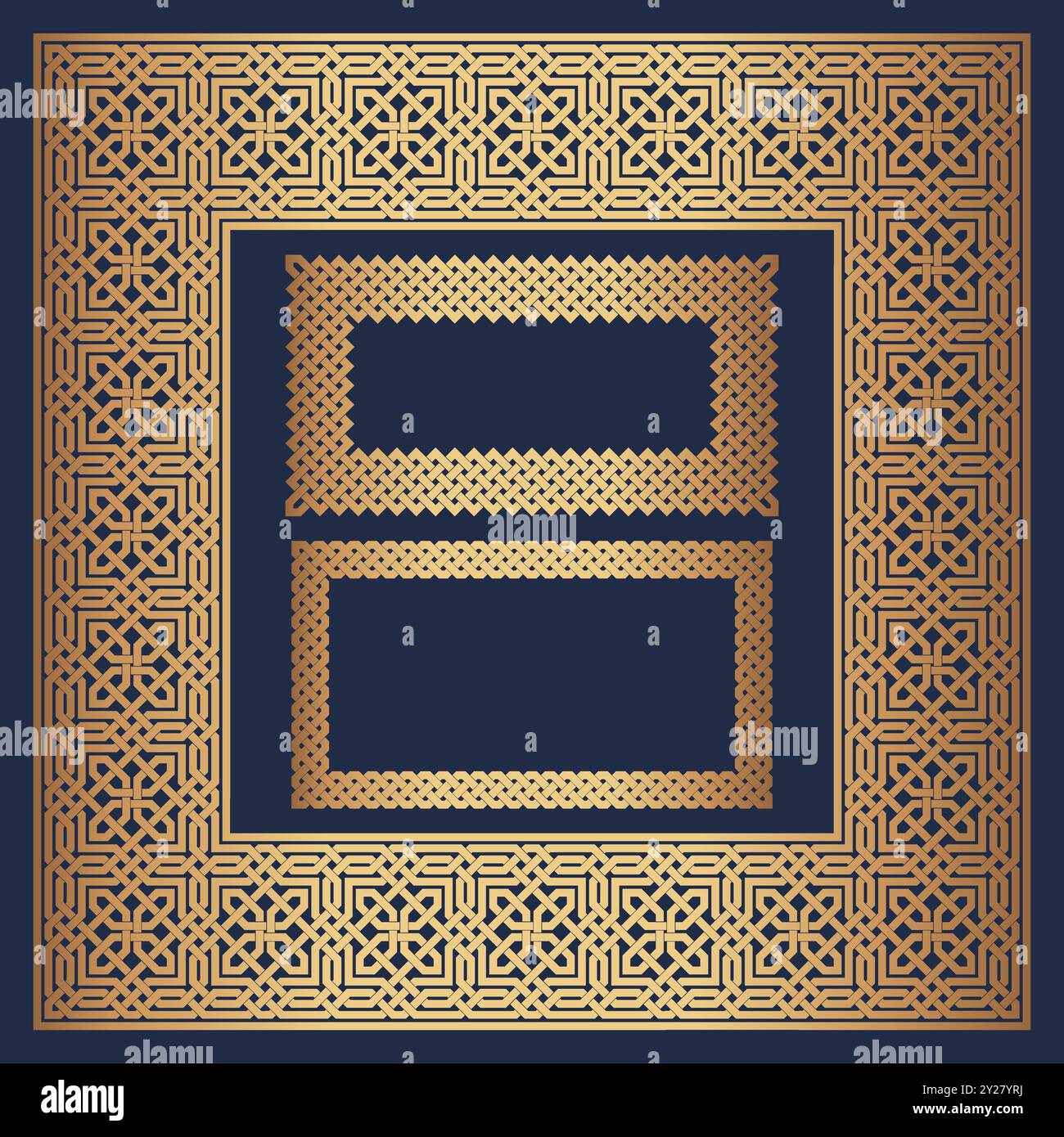 Eine Sammlung von arabischen, verschachtelten Rahmen und Rändern, Set 3, goldene Farbe mit Schatten. Vektor und jpg. Stock Vektor