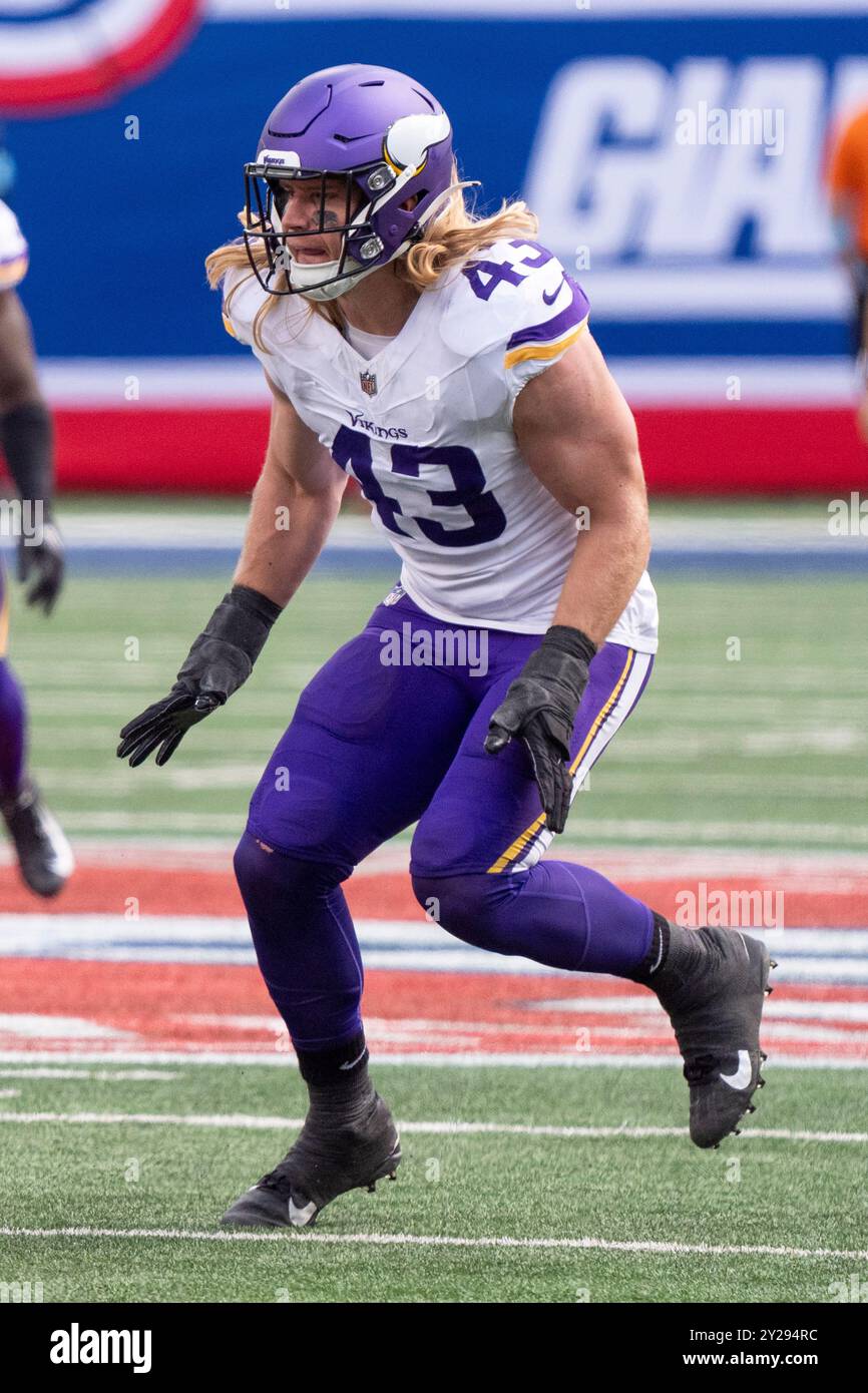Minnesota Vikings Linebacker Andrew Van Ginkel (43) in Aktion während des NFL-Fußballspiels gegen die New York Giants am Sonntag, den 8. September 2024, in East Rutherford. Die Vikings gewannen mit 28:6. (Christopher Szagola/Cal Sport Media) Stockfoto