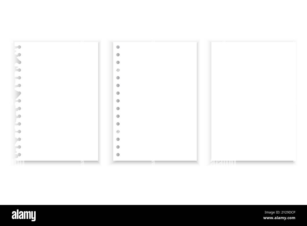 Zerrissene Notizbuchseiten. Perforierte Papierbögen. Leerer weißer Hintergrund. Vektorabbildung. Stock Vektor