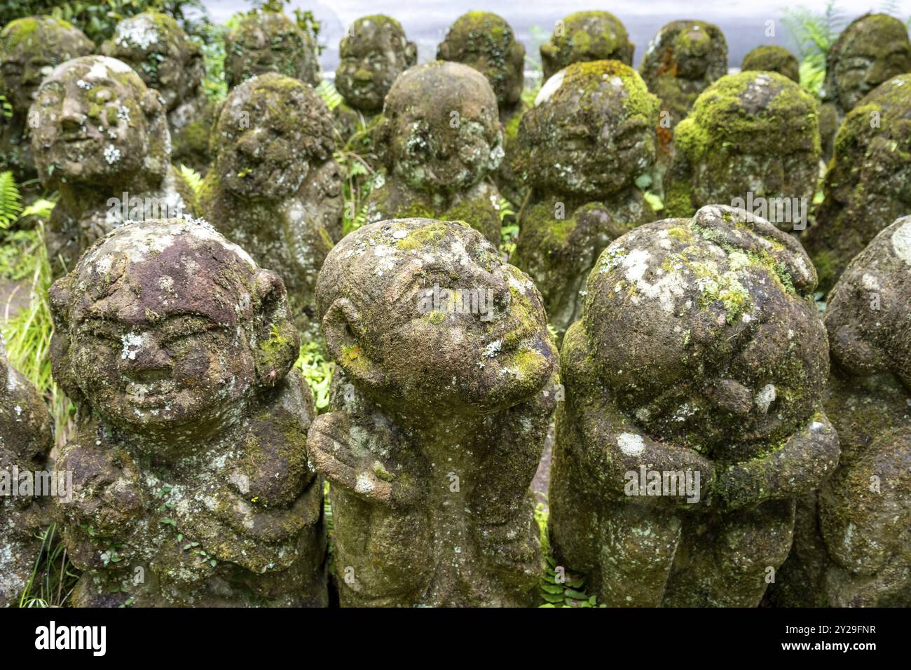 Moosbedeckte Steinstatuen von Rakanen, den Jüngern Buddhas, dem Otagi Nenbutsu-JI-Tempel, Kyoto, Japan, Asien Stockfoto